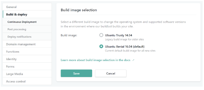 Screenshot of Netlify UI menus to select an Ubuntu build image